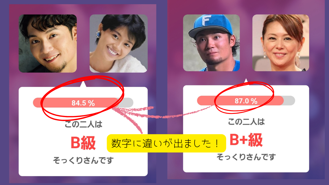 アプリ検証画像左:若い頃の小泉今日子さんで検証(左:伊藤大海投手 右:若い頃の小泉今日子さん) 右:今回の検証画像(左:伊藤大海投手 右:最近の小泉今日子さん)