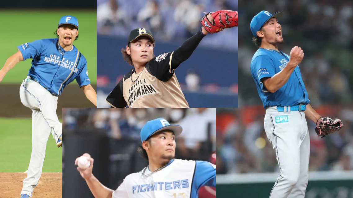 試合中の伊藤大海投手のコラージュ画像左:投球後吠える伊藤投手 中上:投げる瞬間の伊藤投手 中下:投げる瞬間の伊藤投手 右:ガッツポーズの伊藤投手