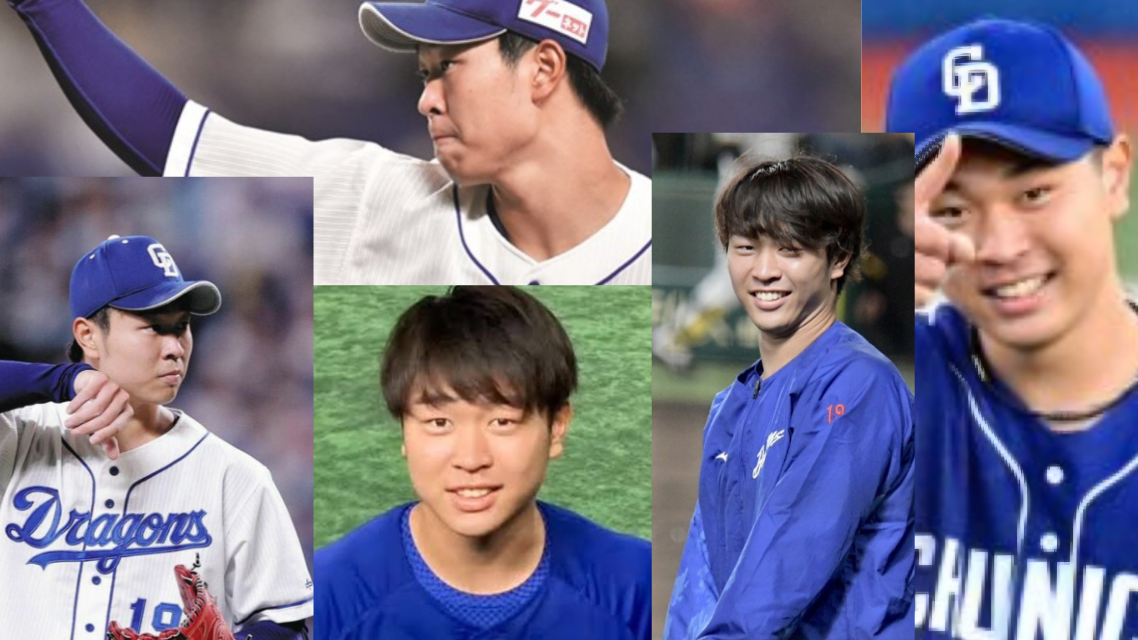 髙橋宏斗投手のコラージュ画像左：投球前 中上：投球後 中下：カメラ目線の笑顔 中右：リラックスの表情 右：マウンドでの笑顔