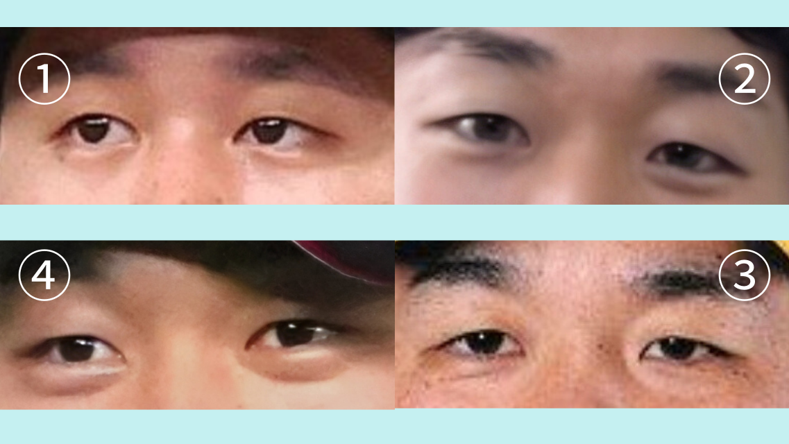 比較画像4人の目元のアップ 左上:宮城投手 左下:髙橋宏斗投手 右上:山崎投手 右下:高橋遥人投手