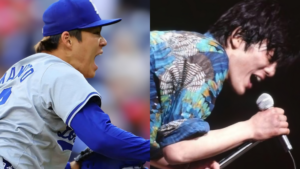 左:吼える山本投手右:熱唱する尾崎豊さん