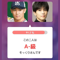 奥川恭伸投手と岩田剛典さんのAI診断結果。そっくり度91.2％、判定A-級と表示されたアプリ画面。