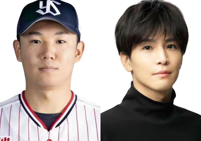 ヤクルト奥川恭伸と三代目JSB岩田剛典の比較。鼻筋から口元にかけての整ったラインと、清潔感のあるロイヤルな雰囲気が一致。笑った時に優しく細くなる目元も共通。