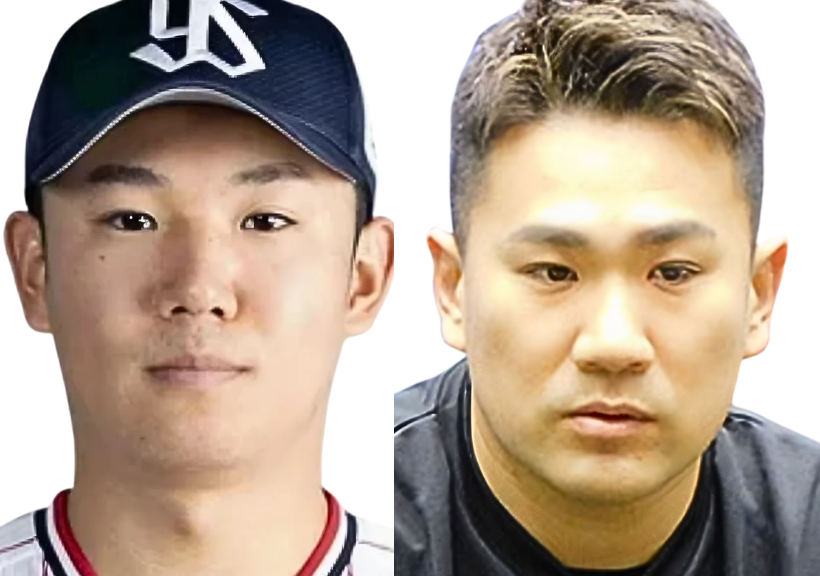 奥川恭伸投手と田中将大投手の顔写真比較。スッとした目元の鋭さと、真顔の落ち着いた表情が共通。野村克也氏が「マー君そっくり」と評したエースの面差し。