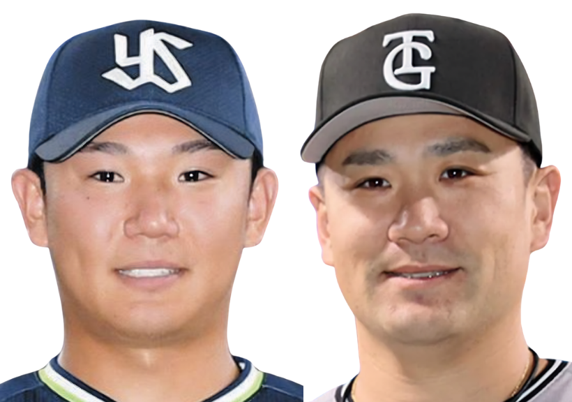 ヤクルト・奥川恭伸投手と巨人・田中将大投手の比較画像。似ていると言われる両者の顔立ちを左右に並べたもの。
