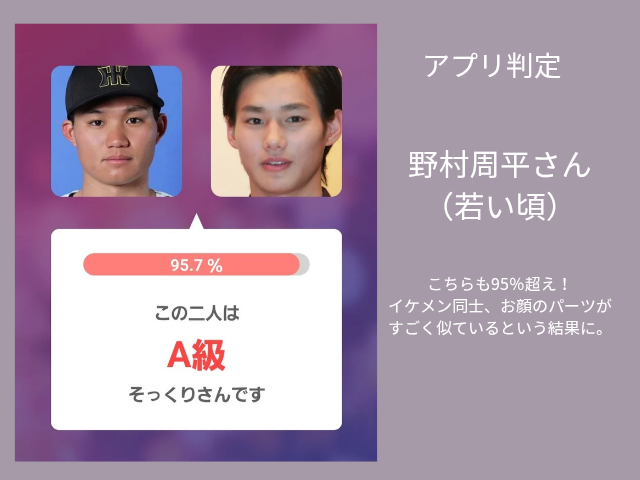森下選手と野村周平さんの診断結果。95.7％（A級）と表示されたアプリ画面。 こちらも95％超え！ イケメン同士、お顔のパーツが すごく似ているという結果に。