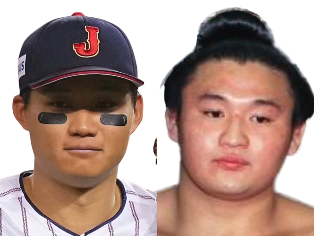 阪神・森下翔太選手と若き日の貴乃花光司氏の真顔を並べた比較画像。