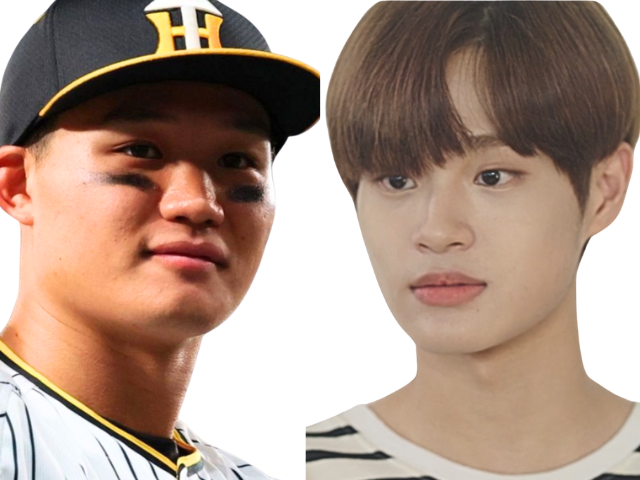森下翔太選手と韓国アイドルAB6IXのイ・デフィさんを比較した画像。