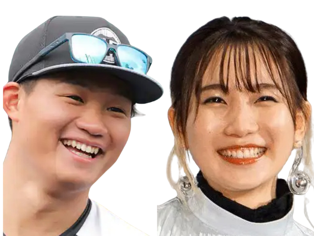 森下翔太選手とYOASOBIの幾田りらさんの表情を対比させた画像。
