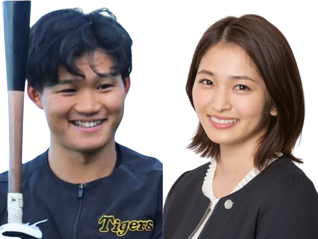 森下翔太選手と女優の岡本玲さんの笑顔の比較画像。