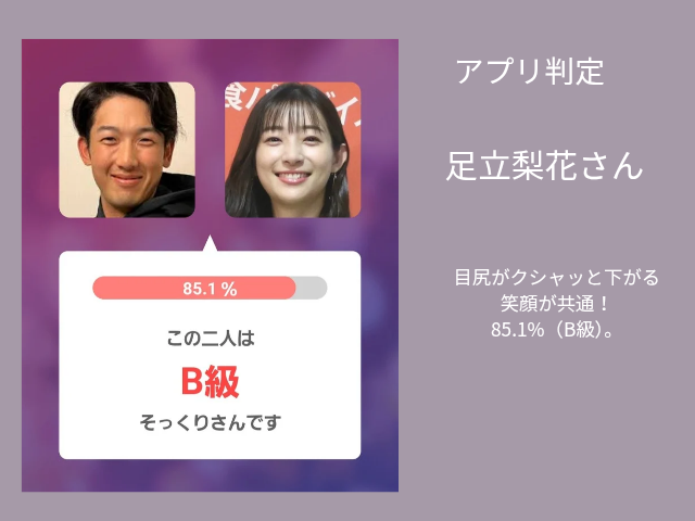 山本祐大捕手と足立梨花の笑顔比較。顔認識アプリで85.1%のB級判定。