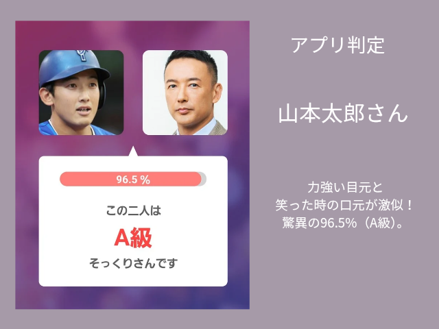 山本祐大捕手と山本太郎の顔認識アプリ比較画像。そっくり度96.5%でA級判定。
