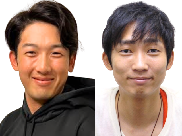 黒いパーカーを着て微笑む山本祐大捕手と、白いTシャツを着て穏やかな笑顔を浮かべるNON STYLE石田明の顔写真比較。