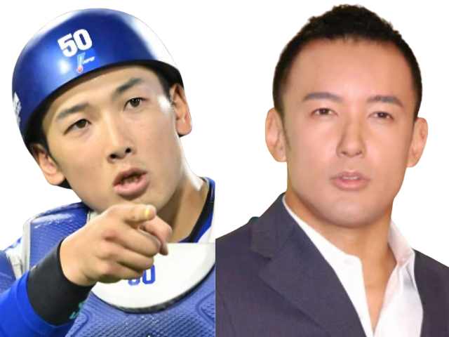 鋭い眼差しの山本太郎さんとキャッチャー姿の山本祐大選手