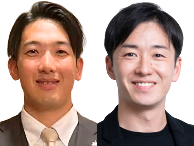 スーツとネクタイを着用した山本祐大捕手と、黒いジャケットを着用して微笑む元プロ野球選手・斎藤佑樹の顔写真比較。