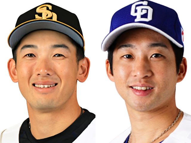 福岡ソフトバンクホークスの帽子を被った山本祐大捕手と、中日ドラゴンズの帽子を被った田中幹也選手の顔写真比較。